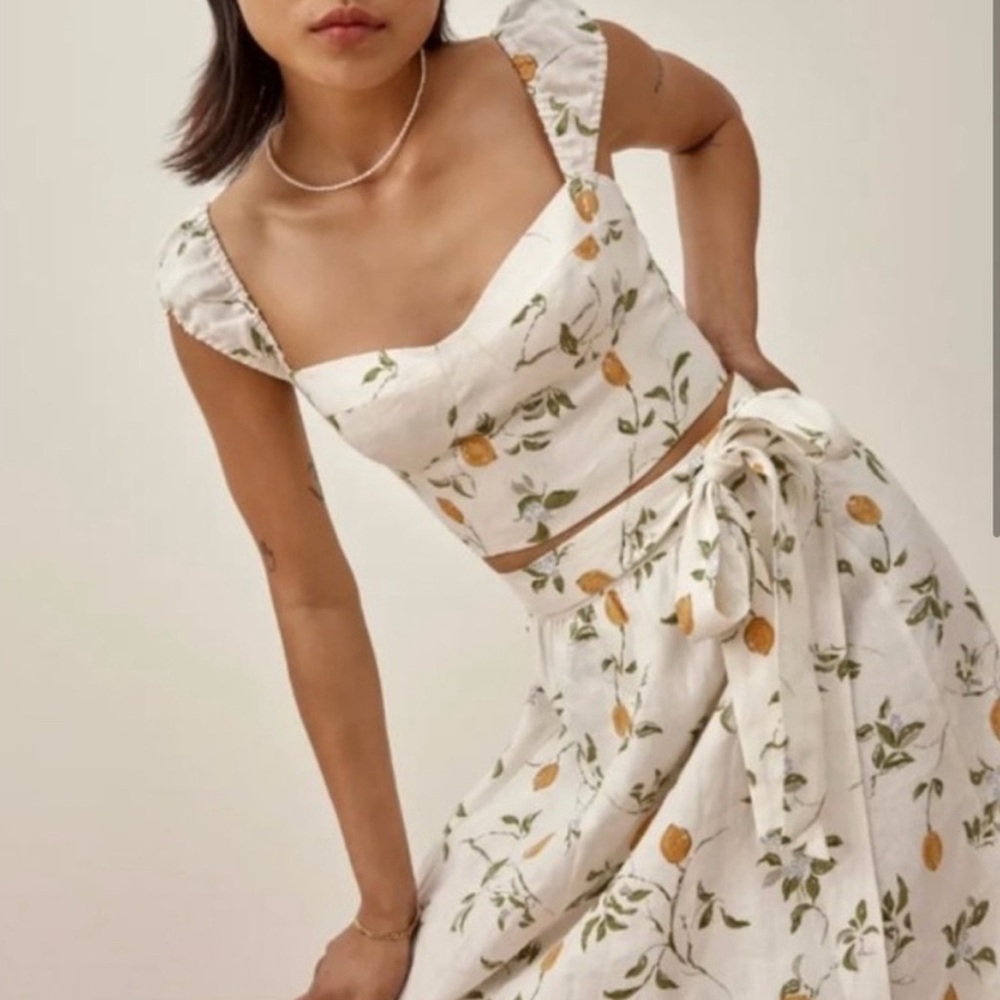 NWT Reformation Orange Citrus print linen Clyde set